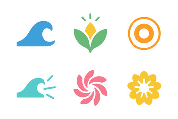 Naklejka premium Minimalistic icon set featuring waves, flower, target, and petals in colorful flat design