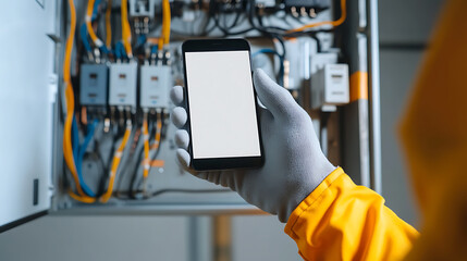 Electrician with a smartphone standing in front of an electrical panel. Inspection and maintenance of electrical equipment with a technician and a mobile device.