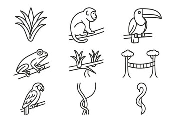 Obraz premium Rainforest Icons Collection. Line style icons of Rainforest Canopy: Bromeliad, Howler Monkey, Toucan, Canopy Walkway, Tree Frog,