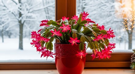 Fototapeta premium Christmas cactus blooming indoor by window in winter snow scene holiday plant care and decoration