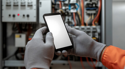 Gloved technician uses smartphone with blank screen to troubleshoot electrical control panel, highlighting tech integration for maintenance and inspection tasks.