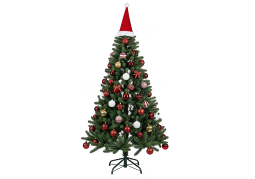 A decorated artificial christmas tree wearing a santa hat, isolated on transparent background