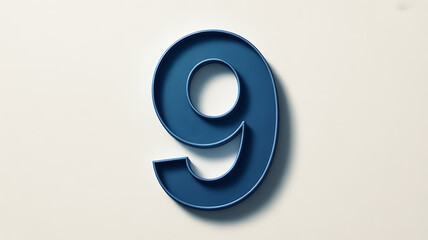 Closeup of a textured blue number nine isolated on white background, casting a soft shadow, perfect for graphic design and educational materials