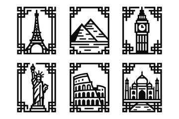 Naklejka premium Iconic world landmarks in geometric line art with ornate borders