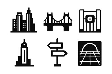 Obraz premium Urban icons collection featuring buildings, bridges, and signposts in bold silhouette style