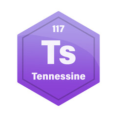 Tennessine chemical element tile. Atomic number 117. Ts chemical sign. Purple blue Vector hexagon.