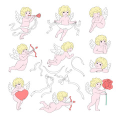 Cute Romantic Vintage Coquette Cupid Clipart Set, Retro Valentine Day Illustration for Scrapbooking and Stickers