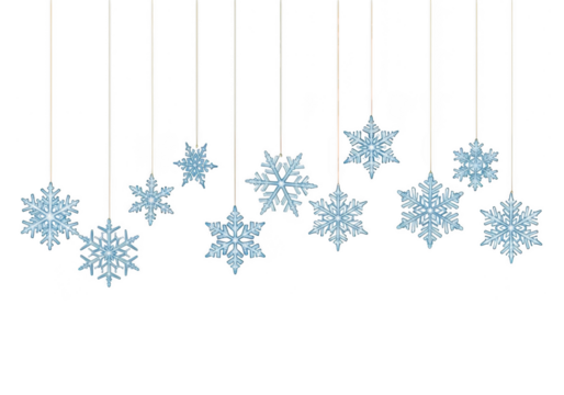 A collection of sparkling blue glitter snowflakes hanging on thin strings against a transparent background