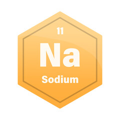 Sodium chemical element tile. Atomic number 11. Na chemical sign. Bright orange Vector hexagon.