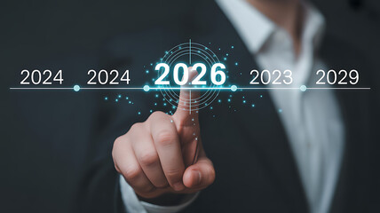 Businessman pointing at the year 2026 on a futuristic timeline, representing business planning, forecasting, and strategic vision for the future
