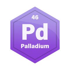 Palladium chemical element tile. Atomic number 46. Pd chemical sign. Dark purple Vector hexagon.