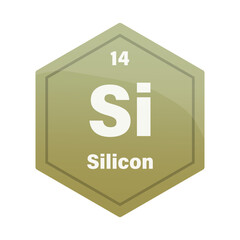 Silicon chemical element tile. Atomic number 14. Si chemical sign. Olive green Vector hexagon.