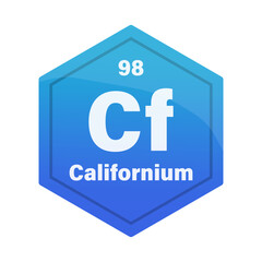 Californium chemical tile. Atomic number 98. Cf chemical sign. Deep blue Vector hexagon
