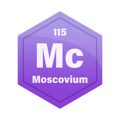 Moscovium chemical element tile. Atomic number 115. Mc chemical sign. Dark purple Vector hexagon.