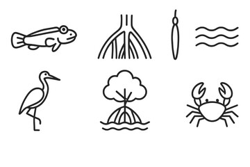 Fototapeta premium Mangrove Forest Icons. Line style icons of Mangrove Forest: Mudskipper, Prop Roots, Seed Pod, Tide, Heron, Mangrove Tree, Estuary,