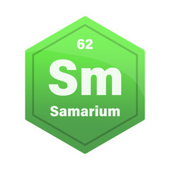 Samarium chemical element tile. Atomic number 62. Sm chemical sign. Bright green Vector hexagon.