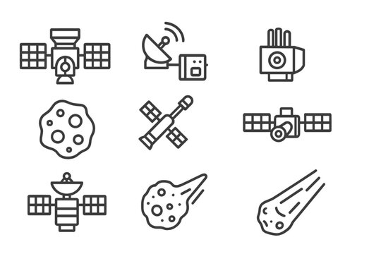 Space Probe Icons. Line style icons of Space Probe: Ion Engine, Communication Array, Cosmic Ray Detector, Asteroid, Magnetometer,