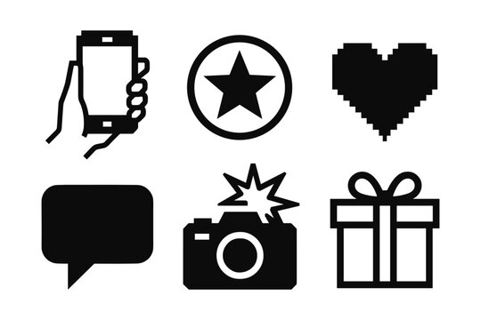 Bold icon set featuring heart, camera, smartphone, and gift designs
