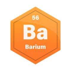 Barium chemical element tile. Atomic number fifty six. Ba sign Vector icon. Bright orange gradient hexagon.