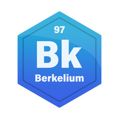 Berkelium chemical element tile. Atomic number ninety seven. Bk sign Vector icon. Deep blue gradient hexagon.