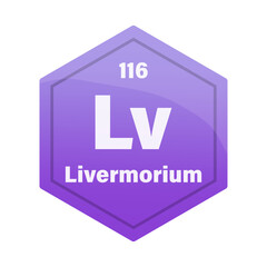 Livermorium chemical element tile. Atomic number one hundred sixteen. Lv sign Vector icon. Purple violet gradient hexagon