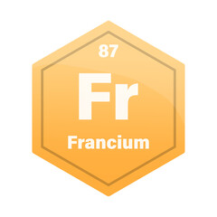 Francium chemical element tile. Atomic number eighty seven. Fr sign Vector icon. Bright orange gradient hexagon.
