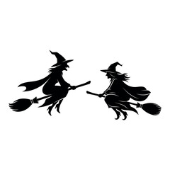 Two witches flying on brooms silhouette vector illustration for Halloween