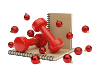 Red christmas ornaments and dumbbells on a notebook, isolated on transparent background