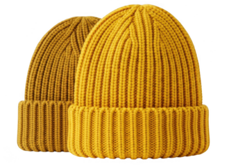 Two yellow knitted beanies with ribbed texture isolated on transparent background