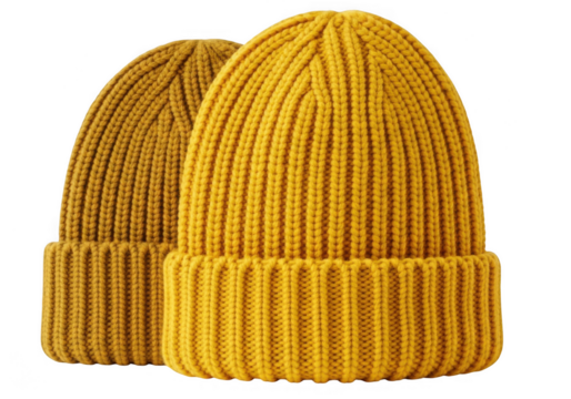 Two yellow knitted beanies with ribbed texture isolated on transparent background - Powered by Adobe