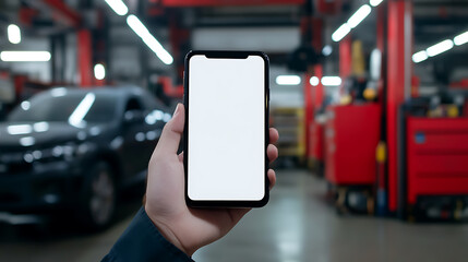 Hand holding a mobile phone with a blank white screen in an auto repair shop. The background includes a car and maintenance equipment, ideal for advertising or application mockups.