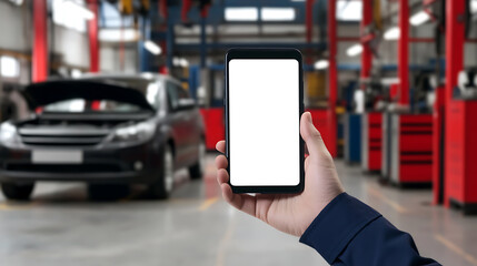Hand holding a smartphone with a white screen in a car repair shop, auto service, vehicle maintenance, and technological integration.