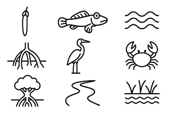 Fototapeta premium Mangrove Forest Icons. Line style icons of Mangrove Forest: Seed Pod, Mudskipper, Tide, Prop Roots, Heron, Crustacean, Mangrove
