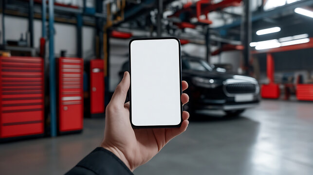 Holding up a blank smartphone in a car repair garage, ready for showcasing automotive apps and interfaces, amidst the tools and equipment for vehicle diagnostics.