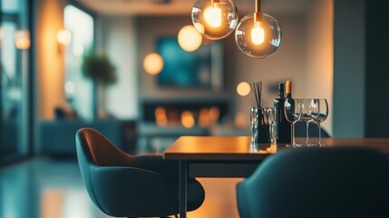 Elegant dining area showcasing stylish lighting and modern decor. A tranquil atmosphere invites guests to relax and enjoy. Perfect for gatherings and meals. Generative AI
