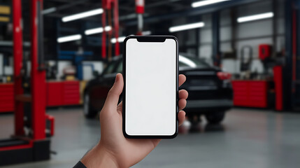 A person holds a smartphone with a blank white screen in the foreground. A black car sits in the background, inside a repair shop with automotive lifts and red tool cabinets.