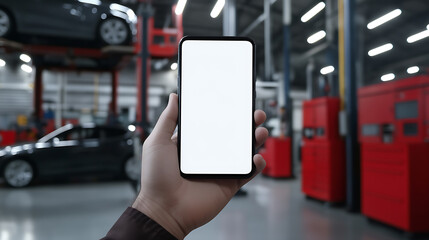 A mobile phone with a blank white screen is held by a hand in an auto repair shop. Cars, lifts, and toolboxes are visible in the background, creating an ideal mock-up.