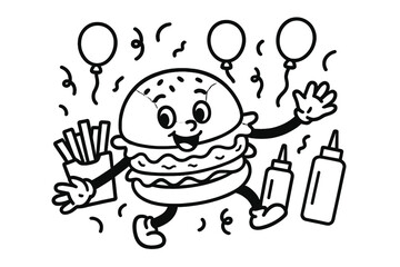 Dancing Burger Party. Funny hamburger character dancing with fries, ketchup bottles, and balloons around, black and white line art