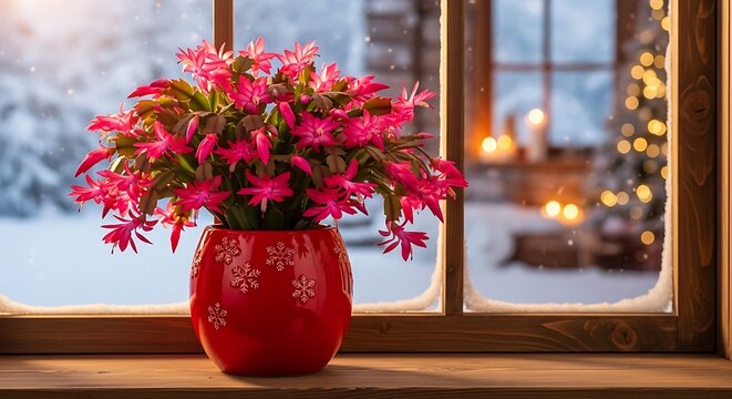 Christmas cactus indoor plant winter window view festive holiday season home decor christmas tree lights