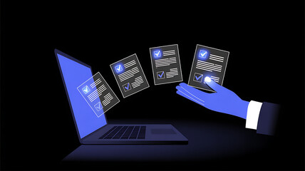A digital illustration depicts documents transferring from a laptop to a hand, symbolizing data transfer and information management in the digital age