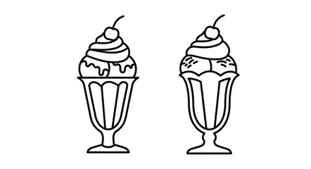 Two black and white illustrations of dessert glasses with ice cream