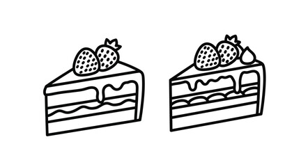 Two slices of chocolate cake decorated with fresh strawberries line art