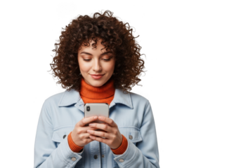 A young woman with curly hair, wearing a denim jacket and orange turtleneck, looking at her smartphone, isolated on transparent background