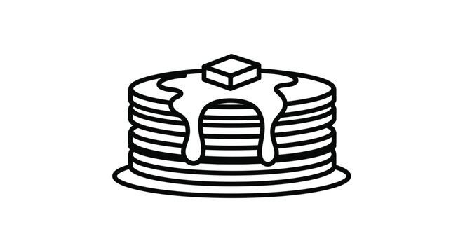 A simple black and white illustration of a pancake stack with syrup