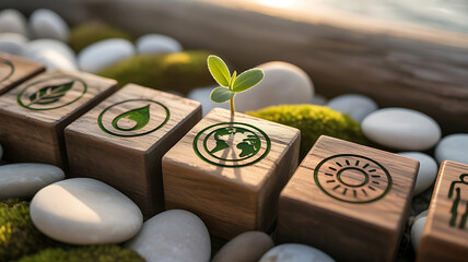 A young sprout grows from a wooden block with an earth icon, surrounded by other blocks with environmental symbols, pebbles, and moss, symbolizing sustainability