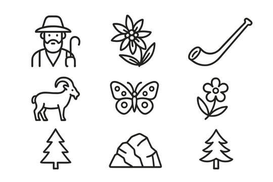 Alpine Meadow Icons. Line style icons of Alpine Meadow: Shepherd, Edelweiss, Alpine Horn, Mountain Goat, Butterfly, Wildflower,