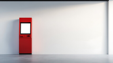 A vibrant red kiosk stands against a minimalist white wall in a modern, spacious setting. The kiosk features a blank screen ready for content, set on a smooth, concrete floor.