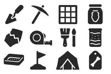 Fototapeta premium Archaeological Tools Icons. Solid style icons of Archaeological dig: trowel, pickaxe, trench grid, artifact bag, pottery shard,