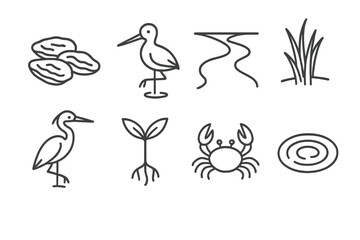 Obraz premium Estuary Line Icons. Line style icons of Estuary: Oyster Bed, Wading Bird, River Mouth, Marsh Grass, Heron, Mangrove Seedling, Crab