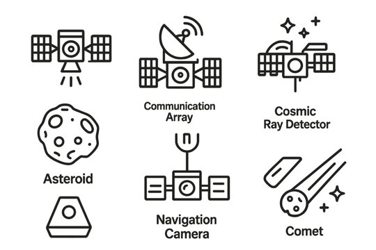 Space Probe Icons. Line style icons of Space Probe: Ion Engine, Communication Array, Cosmic Ray Detector, Asteroid, Magnetometer,